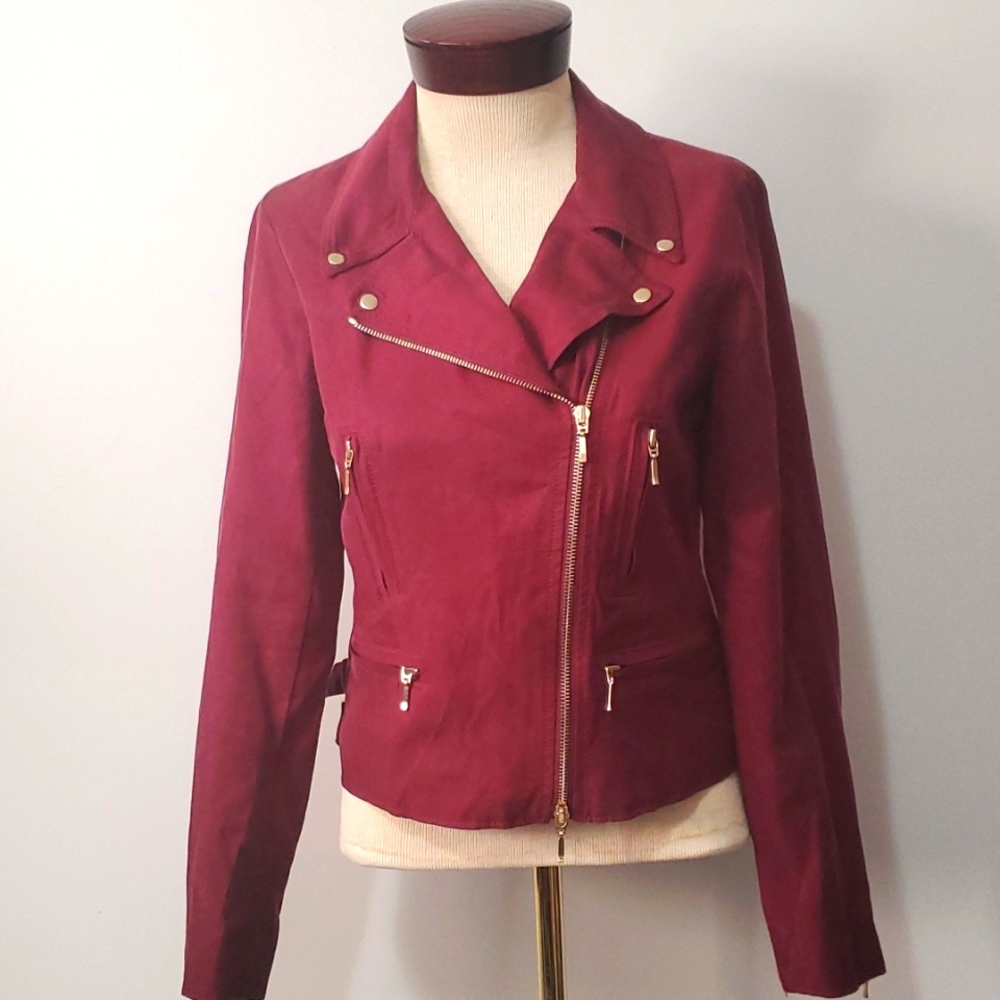 CLUB MONACO burgundy lightweight moto jacket. Size small - Picture 1 of 11